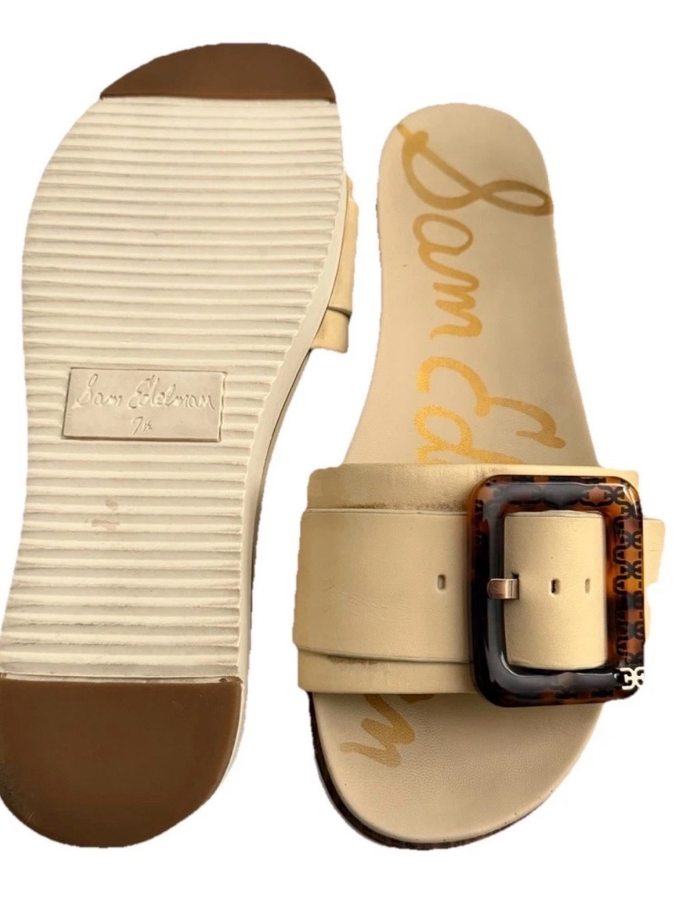Sam Edelman Cream Slide Sandals with Tortoiseshell Buckles - Picture 4 of 5